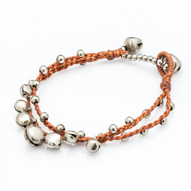 Silver Beads Bracelet with Silver Bells in Copper