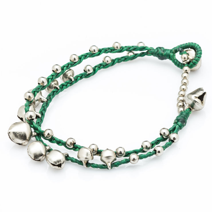 Silver Beads Bracelet with Silver Bells in Green