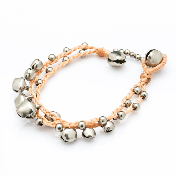 Silver Beads Bracelet with Silver Bells in Tan