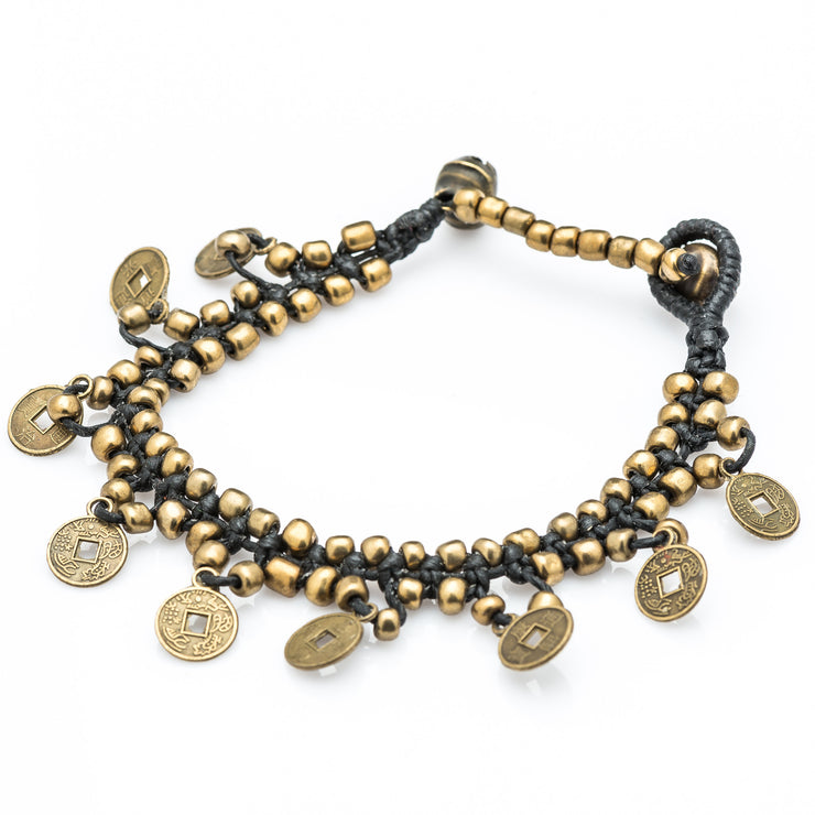 Brass Beads Bracelet with Brass Coins in Black