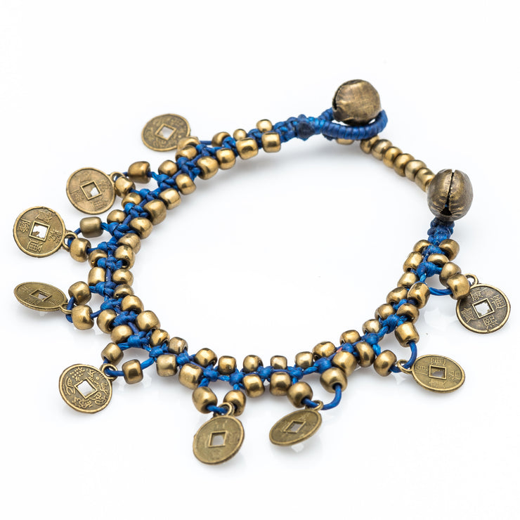 Brass Beads Bracelet with Brass Coins in Blue