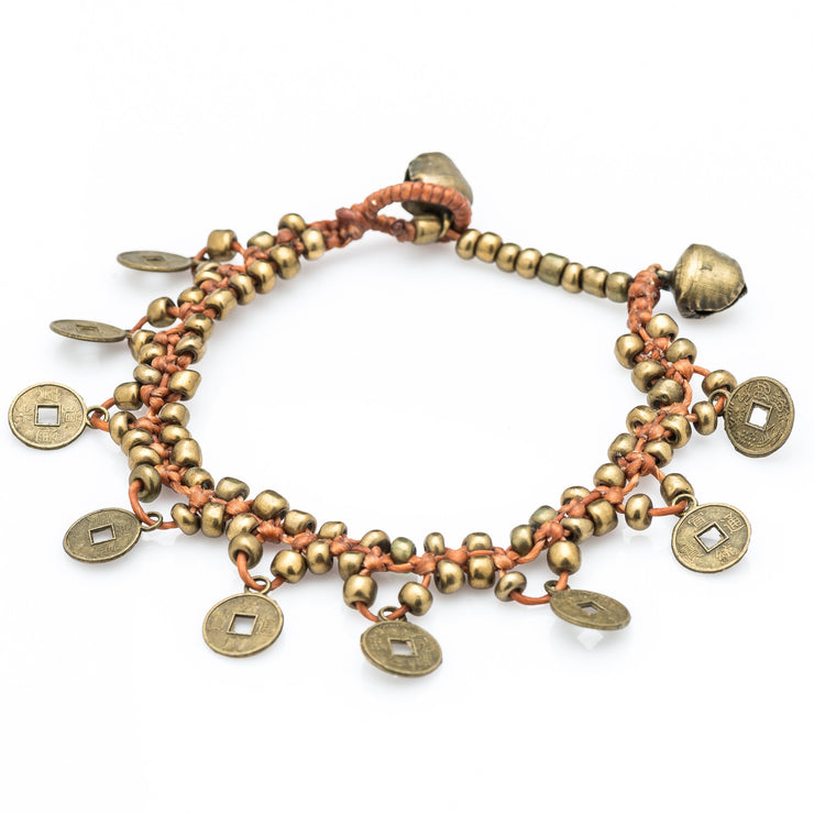 Brass Beads Bracelet with Brass Coins in Copper