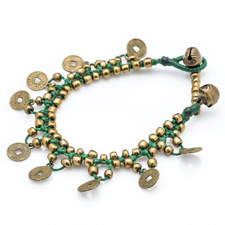 Brass Beads Bracelet with Brass Coins in Green