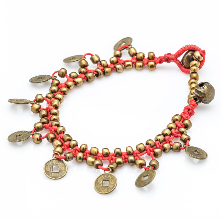 Brass Beads Bracelet with Brass Coins in Red
