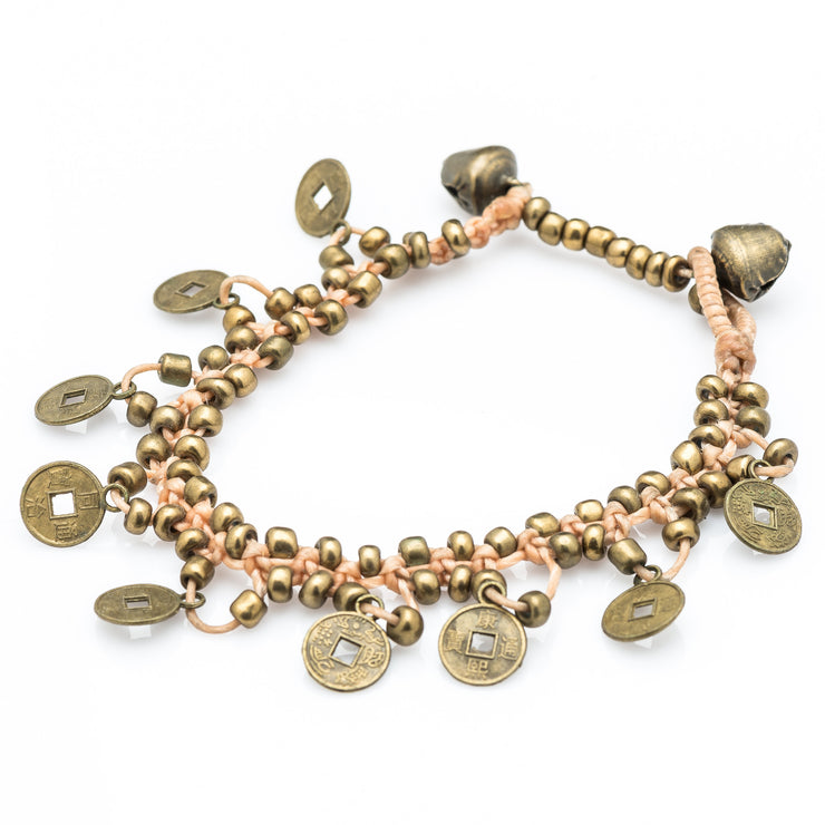 Brass Beads Bracelet with Brass Coins in Tan