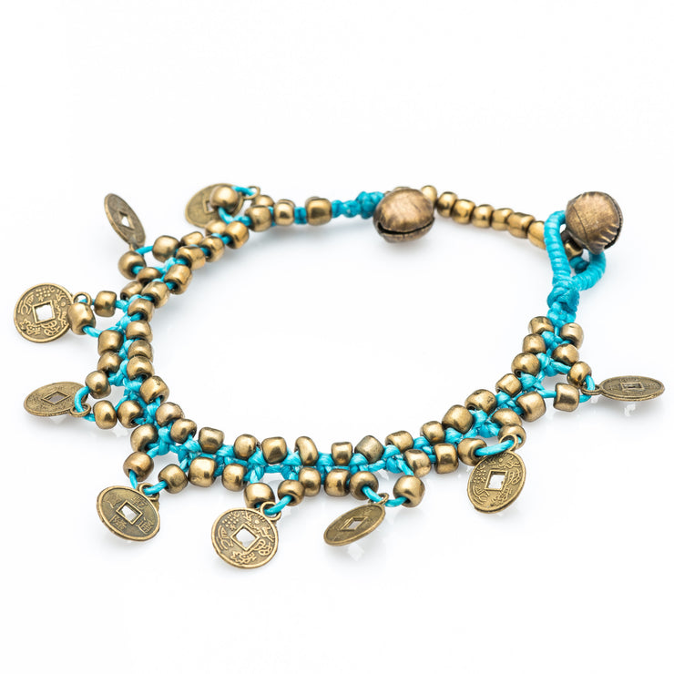 Brass Beads Bracelet with Brass Coins in Turquoise