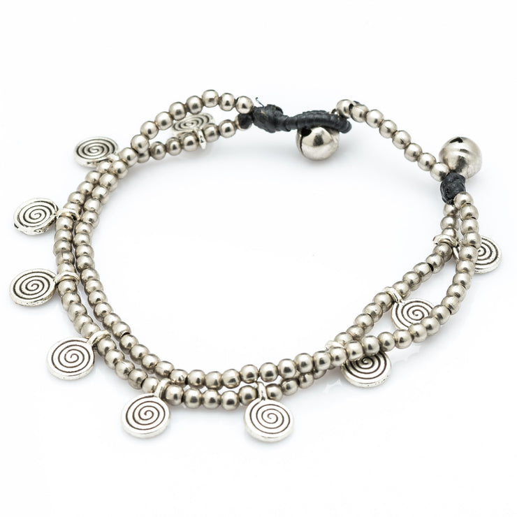 Double Strand Silver Beads Bracelet with Dangling Spiral Charms