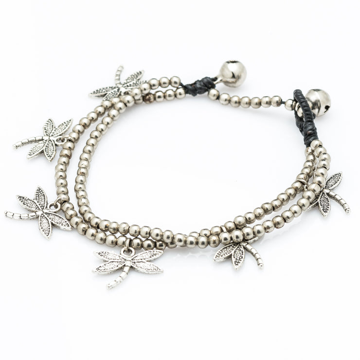 Double Strand Silver Beads Bracelet with Dangling Dragonfly Charms