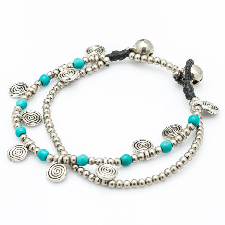 Silver Beads Bracelet with Spiral Charms in Turquoise