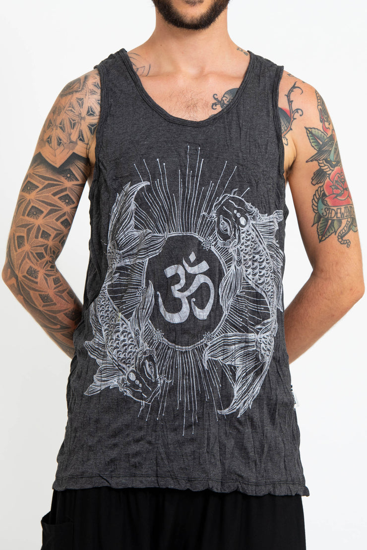 Mens Om and Koi Fish Tank Top in Silver on Black