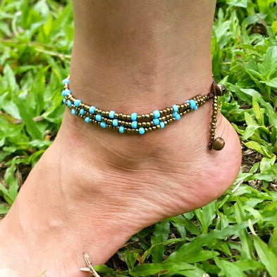 Triple Strands Brass and Color Beads Anklets in Turquoise
