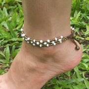 Triple Strands Brass and Color Beads Anklets in White