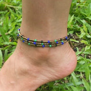 Triple Strands Brass and Color Beads Anklets in Aqua