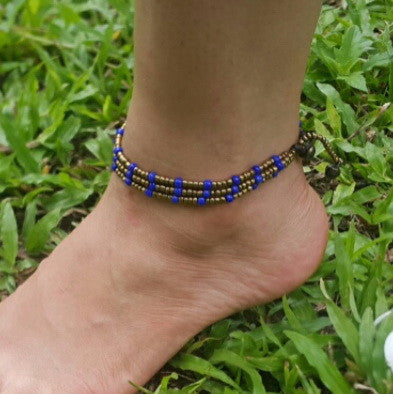 Triple Strands Brass and Color Beads Anklets in Blue