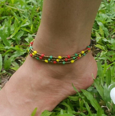 Anklets Rasta Sure Design Triple Strands Brass and Color Beads Anklets in Rasta
