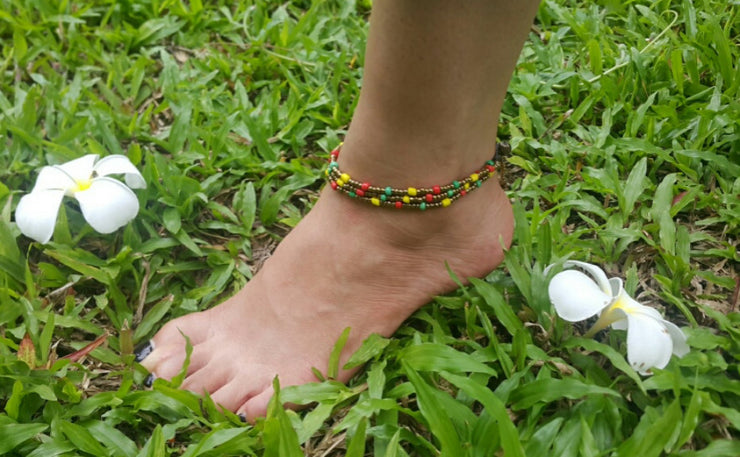 Triple Strands Brass and Color Beads Anklets in Rasta