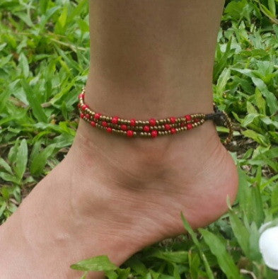 Triple Strands Brass and Color Beads Anklets in Red