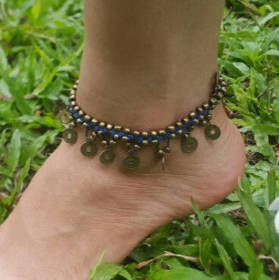 Brass Beads Anklet with Brass Coins in Blue