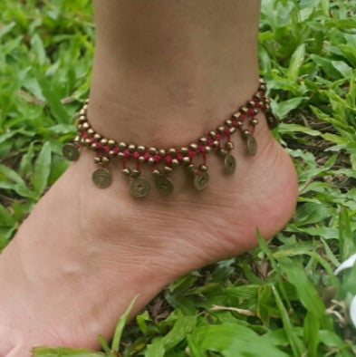 Brass Beads Anklet with Brass Coins in Red