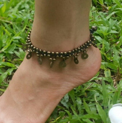 Brass Beads Anklet with Brass Coins in Black