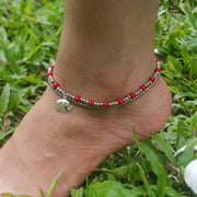 Silver Beads Anklet with Elephant Charm in Red