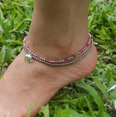 Silver Beads Anklet with Elephant Charm in Pink