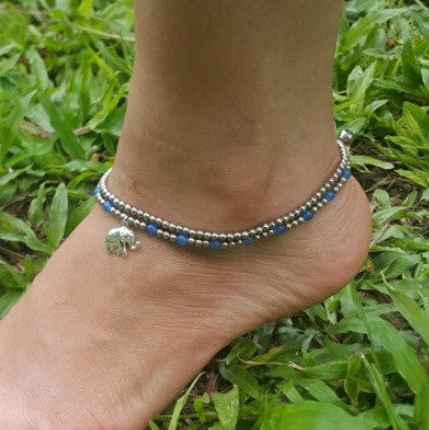 Silver Beads Anklet with Elephant Charm in Blue
