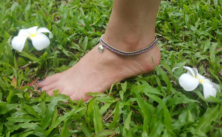 Silver Beads Anklet with Elephant Charm in Purple