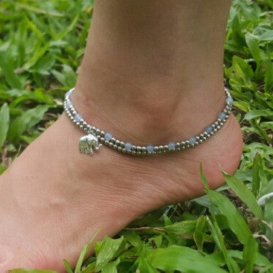 Silver Beads Anklet with Elephant Charm in Gray