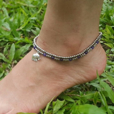 Silver Beads Anklet with Elephant Charm in Violet