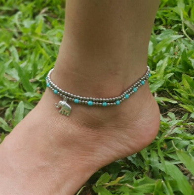 Silver Beads Anklet with Elephant Charm in Turquoise