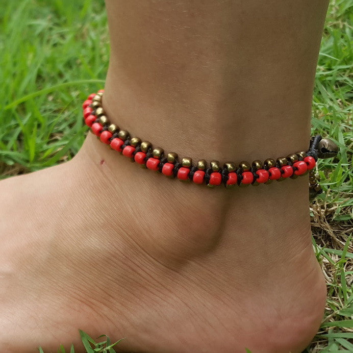 Triple Brass Beads Anklet with Red Beads