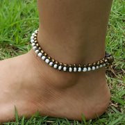 Triple Brass Beads Anklet with White Beads