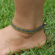 Brass Coin Waxed String Anklet in Blue