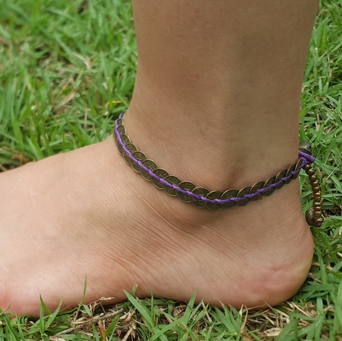 Brass Coin Waxed String Anklet in Purple
