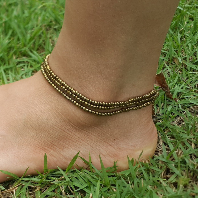 Tripple Strand Metallic Beads Anklet in Brass