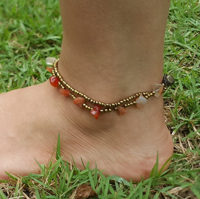 Brass Beads Anklet with Carnelian