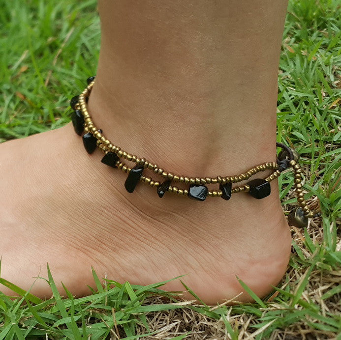 Brass Beads Anklet with Onyx