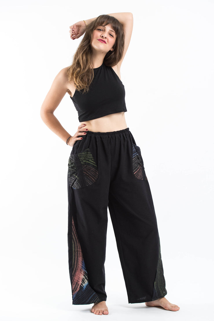 Unisex Thai Cotton Pants with Hill Tribe Trim in Black