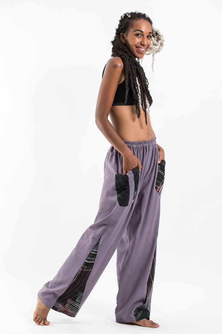 Unisex Thai Cotton Pants with Hill Tribe Trim in Violet Gray