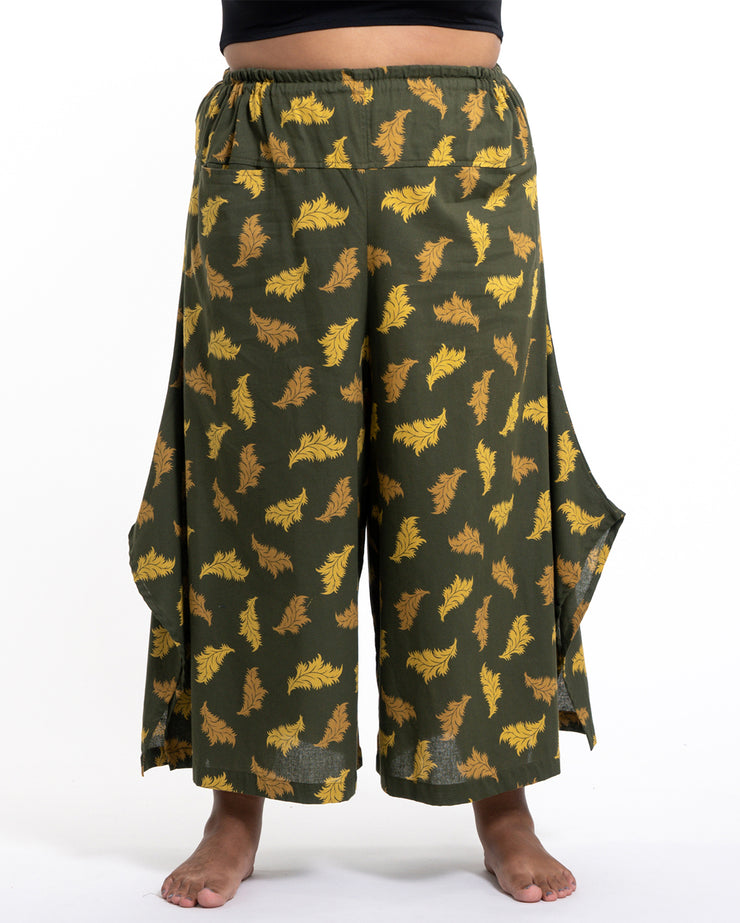 Plus Size Leaves Womens Cotton Palazzo Pants in Green