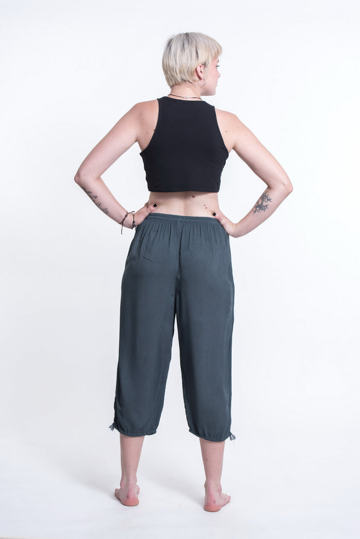 Womens Solid Color Drawstring Cropped Pants in Dark Teal