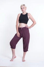 Womens Solid Color Drawstring Cropped Pants in Dark Purple
