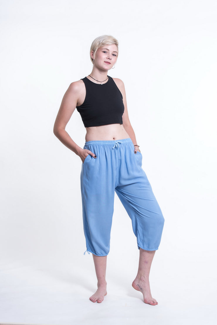 Womens Solid Color Drawstring Cropped Pants in Blue