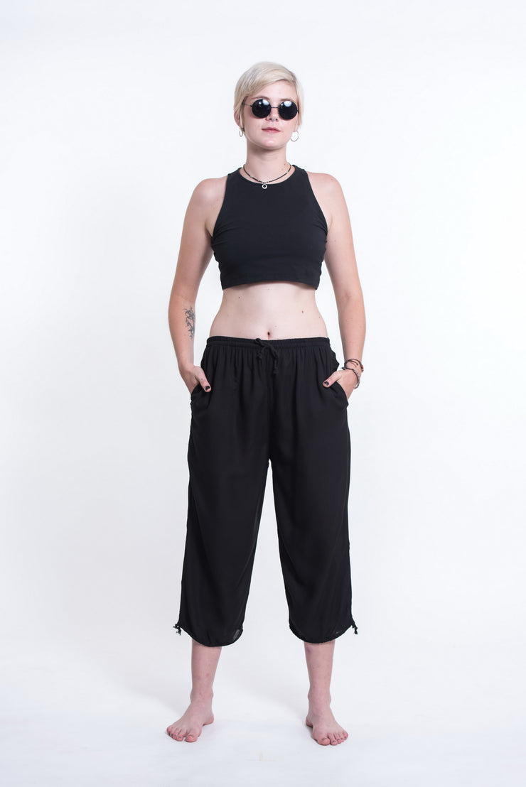 Womens Solid Color Drawstring Cropped Pants in Black