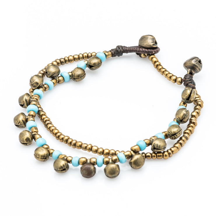 Brass Beads Bracelet with Brass Bells in Blue