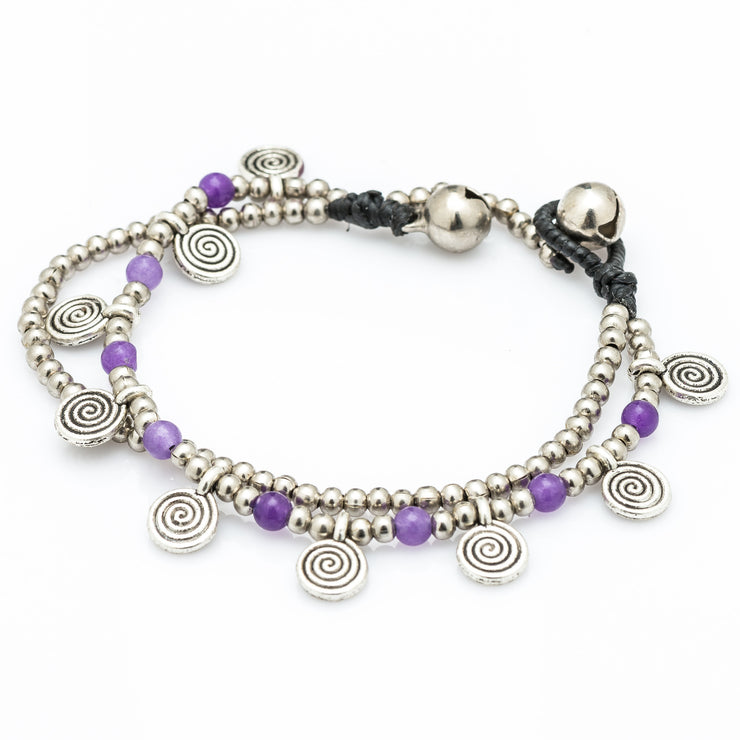 Silver Beads Bracelet with Spiral Charms in Purple