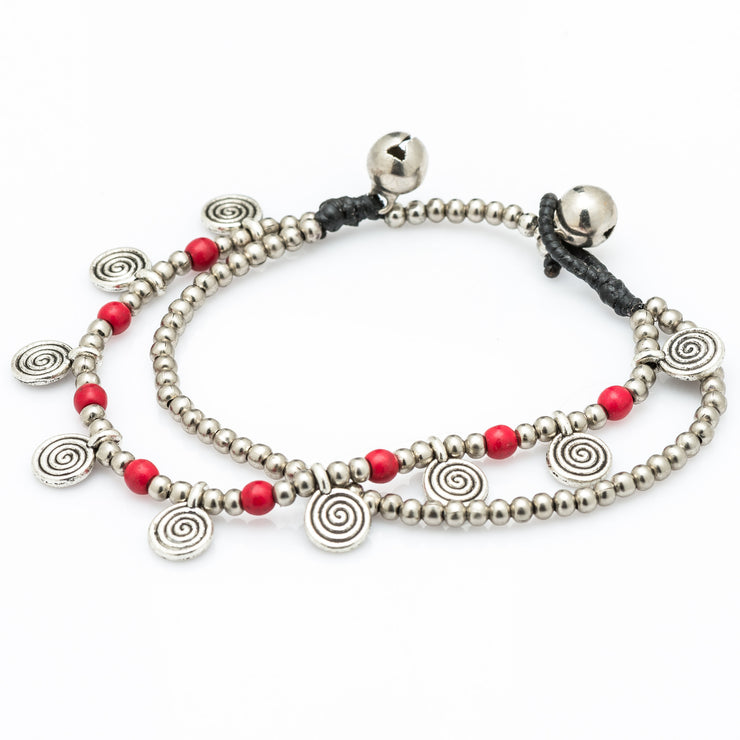 Silver Beads Bracelet with Spiral Charms in Red
