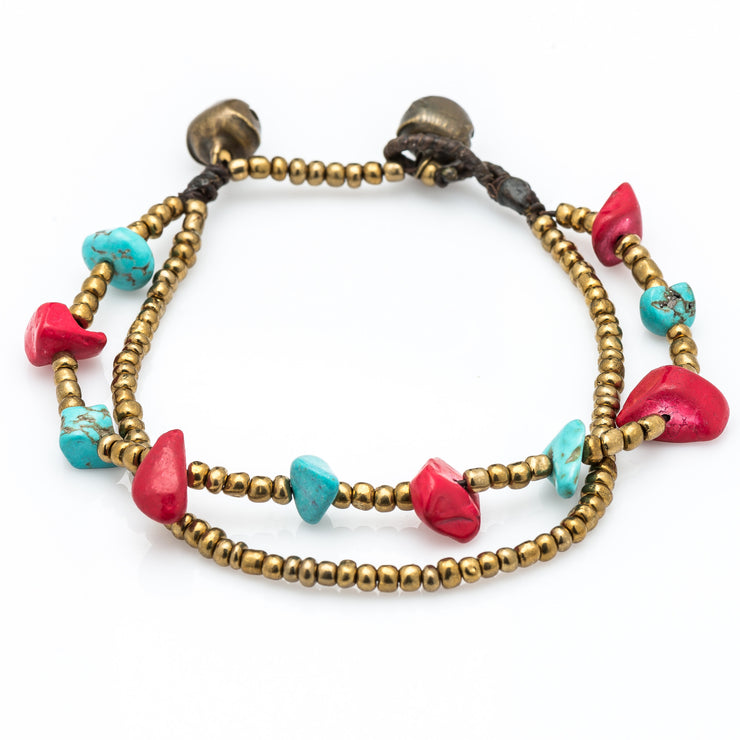 Brass Beads Bracelet with Coral and Turquoise Stones