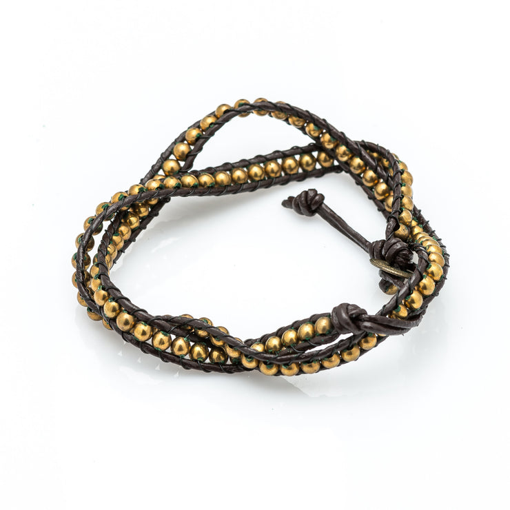 Leather Wrap Bracelet with Gold Beads